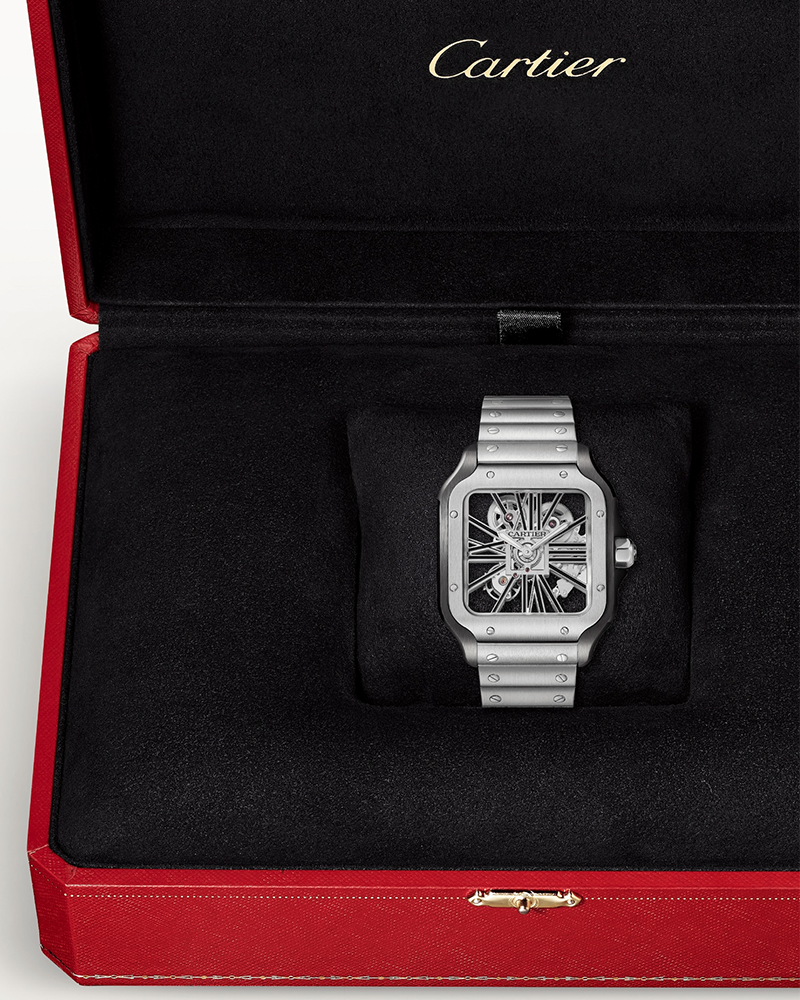 SANTOS DE CARTIER, SKELETON, LARGE, MANUAL, STEEL, INTERCHANGEABLE METAL AND LEATHER BRACELETS