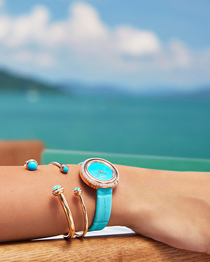 ROSE GOLD TURQUOISE DIAMOND OPEN BANGLE BRACELET (SIZE 16)