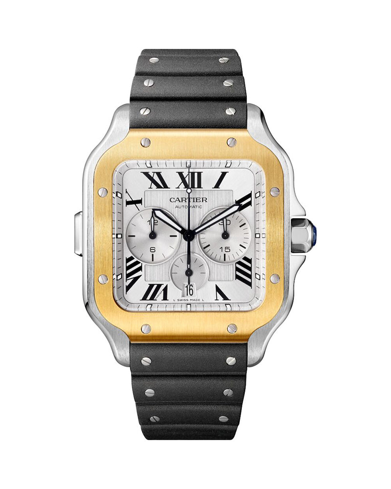 SANTOS DE CARTIER, XL, CHRONOGRAPH, STEEL AND GOLD, INTERCHANGEABLE METAL AND RUBBER BRACELETS