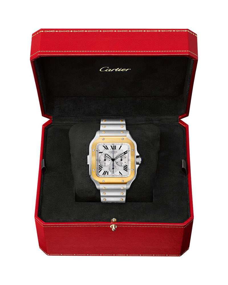 SANTOS DE CARTIER, XL, CHRONOGRAPH, STEEL AND GOLD, INTERCHANGEABLE METAL AND RUBBER BRACELETS