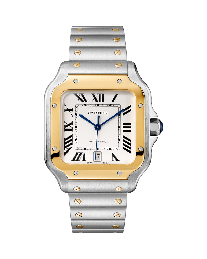 SANTOS DE CARTIER, LARGE, AUTOMATIC, YELLOW GOLD AND STEEL, INTERCHANGEABLE METAL AND LEATHERS BRACELETS