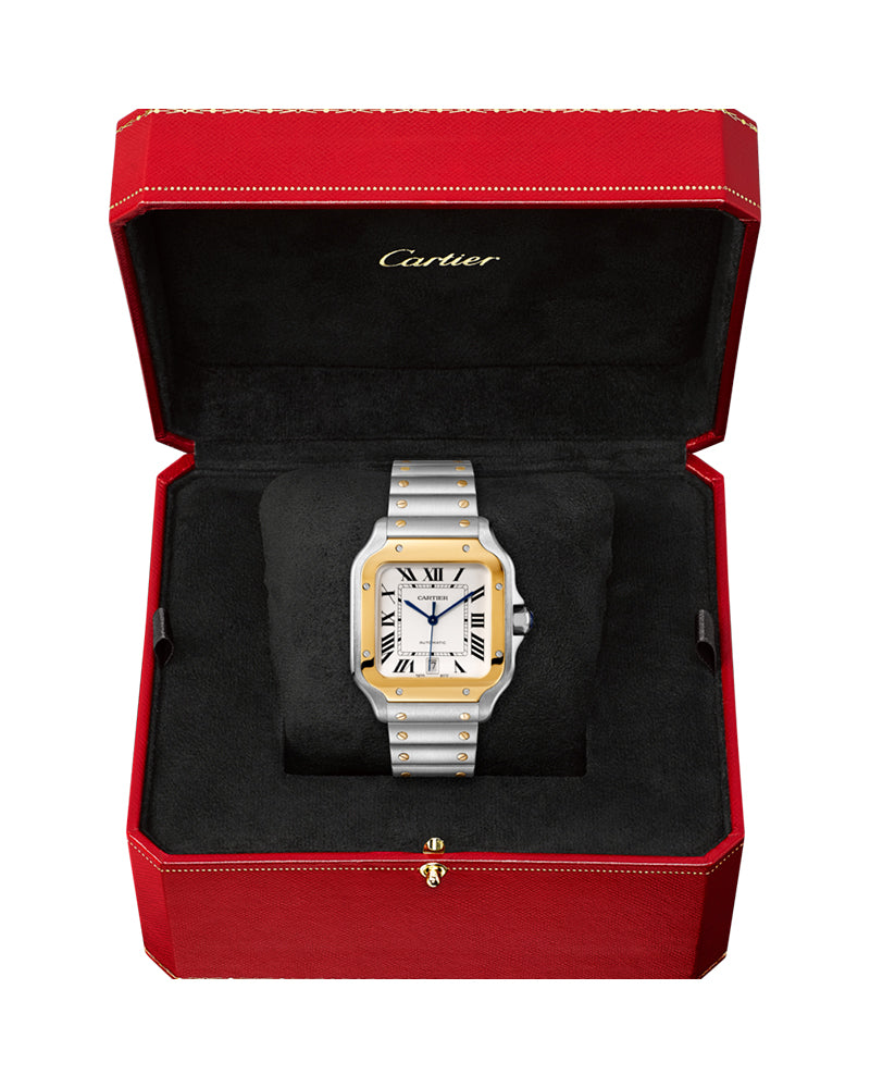 SANTOS DE CARTIER, LARGE, AUTOMATIC, YELLOW GOLD AND STEEL, INTERCHANGEABLE METAL AND LEATHERS BRACELETS