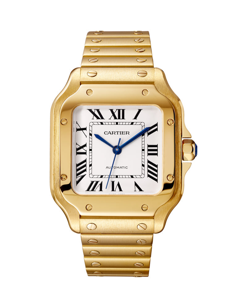 SANTOS DE CARTIER, MEDIUM, AUTOMATIC, YELLOW GOLD, INTERCHANGEABLE METAL AND LEATHER BRACELETS