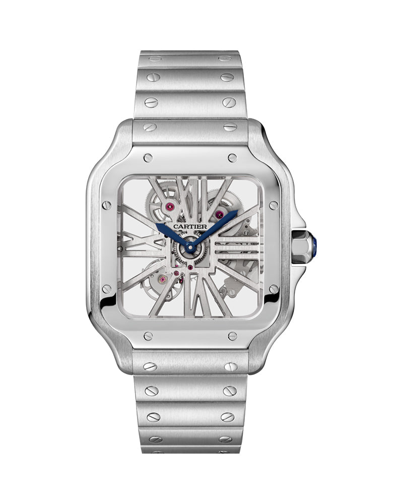 SANTOS DE CARTIER, SKELETON, LARGE, MANUAL, STEEL, INTERCHANGEABLE STEEL AND LEATHER BRACELETS