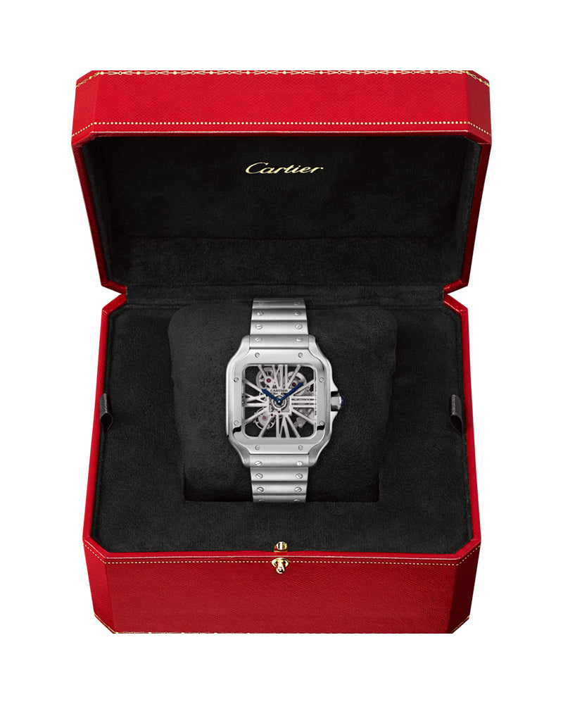 SANTOS DE CARTIER, SKELETON, LARGE, MANUAL, STEEL, INTERCHANGEABLE STEEL AND LEATHER BRACELETS