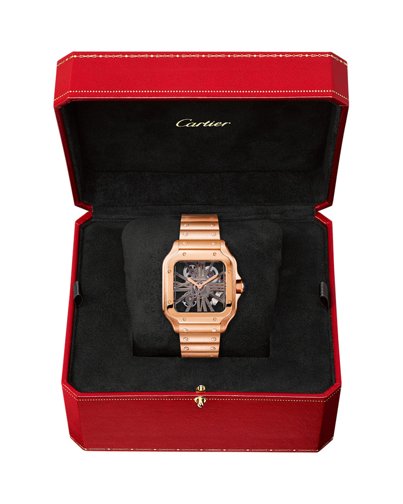 SANTOS DE CARTIER, SKELETON, LARGE, MANUAL, ROSE GOLD, INTERCHANGEABLE METAL AND LEATHER BRACELETS