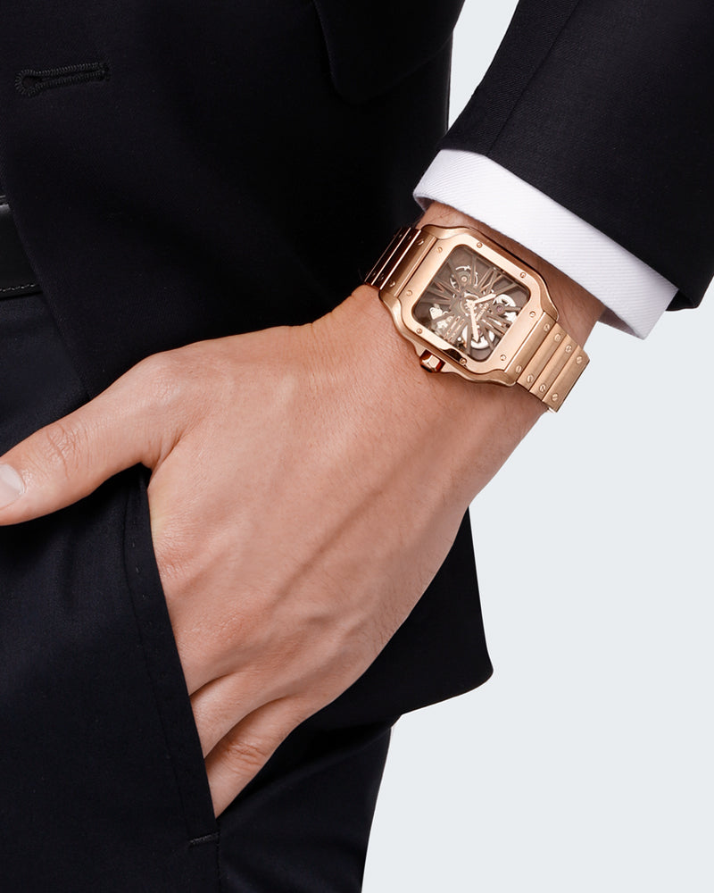 SANTOS DE CARTIER, SKELETON, LARGE, MANUAL, ROSE GOLD, INTERCHANGEABLE METAL AND LEATHER BRACELETS