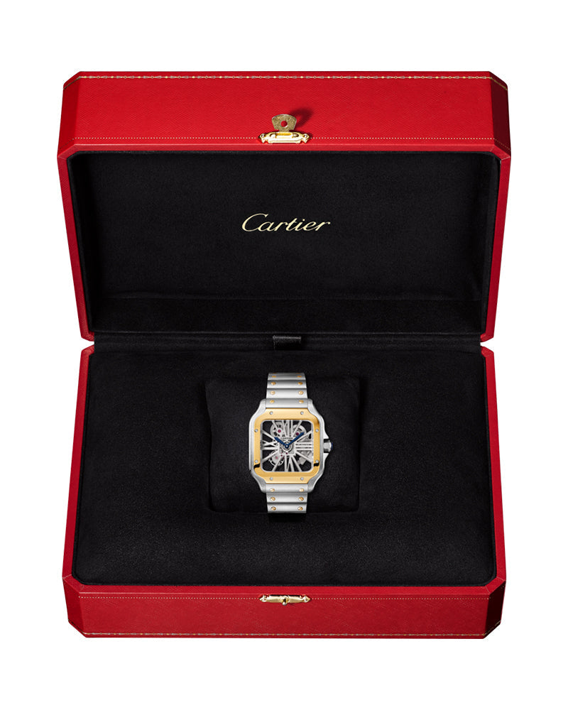 SANTOS DE CARTIER, SKELETON, LARGE, MANUAL, YELLOW GOLD AND STEEL, LEATHER, INTERCHANGEABLE METAL AND LEATHER BRACELETS