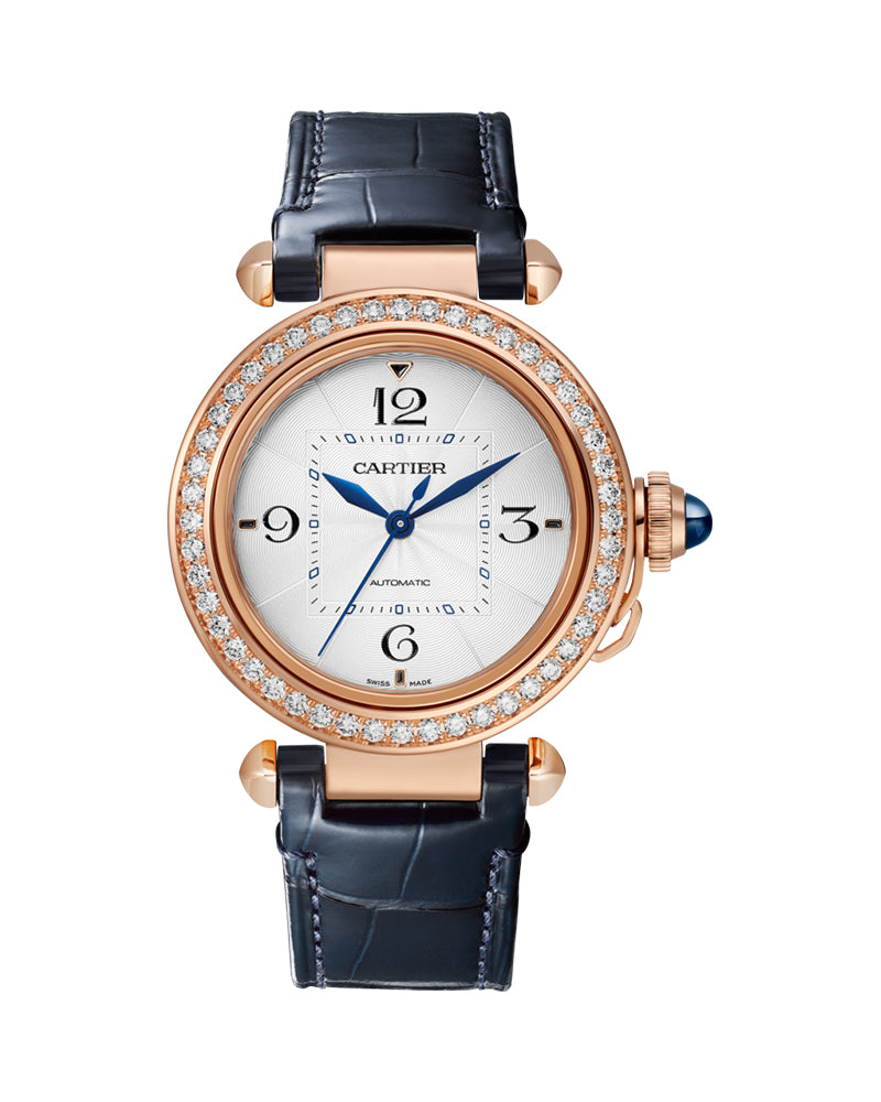 PASHA DE CARTIER, 35 MM, AUTOMATIC MOVEMENT, ROSE GOLD, DIAMONDS, 2 INTERCHANEABLE LEATHER STRAPS