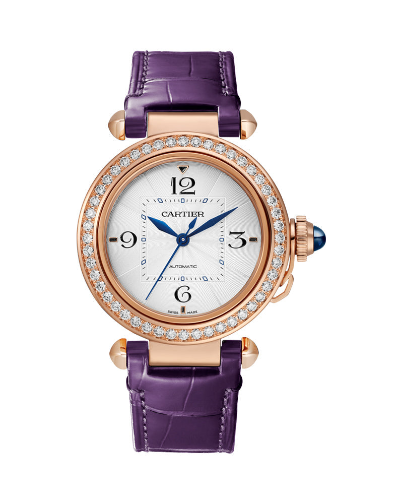 PASHA DE CARTIER, 35 MM, AUTOMATIC MOVEMENT, ROSE GOLD, DIAMONDS, 2 INTERCHANEABLE LEATHER STRAPS