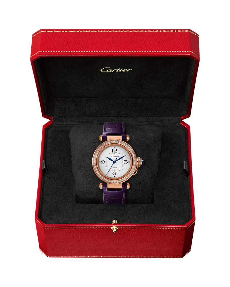 PASHA DE CARTIER, 35 MM, AUTOMATIC MOVEMENT, ROSE GOLD, DIAMONDS, 2 INTERCHANEABLE LEATHER STRAPS