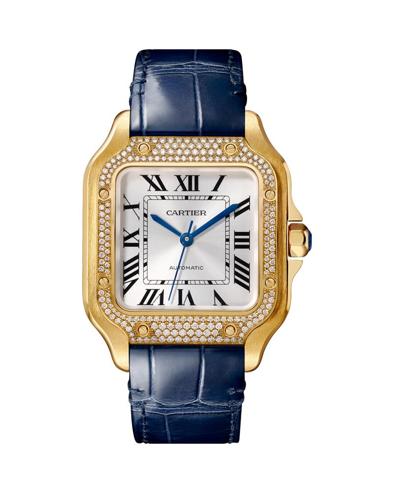 SANTOS DE CARTIER, MEDIUM, AUTOMATIC, YELLOW GOLD, DIAMONDS, TWO INTERCHANGEABLE LEATHER BRACELETS