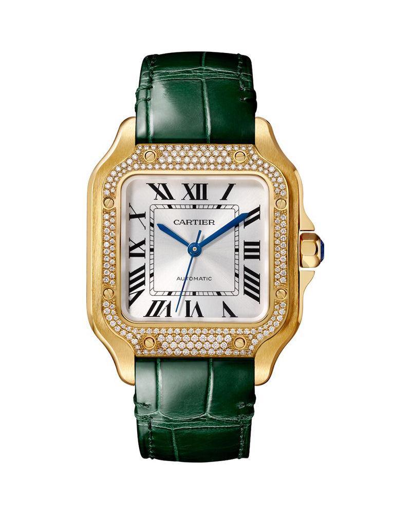 SANTOS DE CARTIER, MEDIUM, AUTOMATIC, YELLOW GOLD, DIAMONDS, TWO INTERCHANGEABLE LEATHER BRACELETS