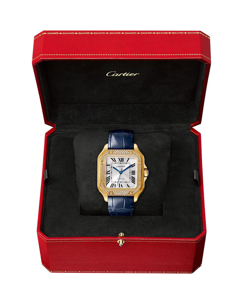 SANTOS DE CARTIER, MEDIUM, AUTOMATIC, YELLOW GOLD, DIAMONDS, TWO INTERCHANGEABLE LEATHER BRACELETS
